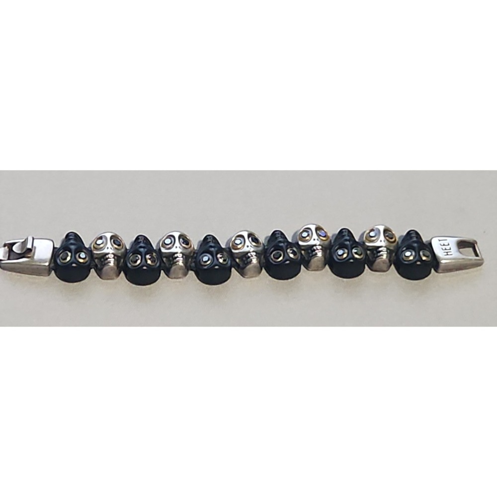 HEET Skull Bead Bracelet Black Silver Tone Swarovski Crystal Solid Clasp Gothic